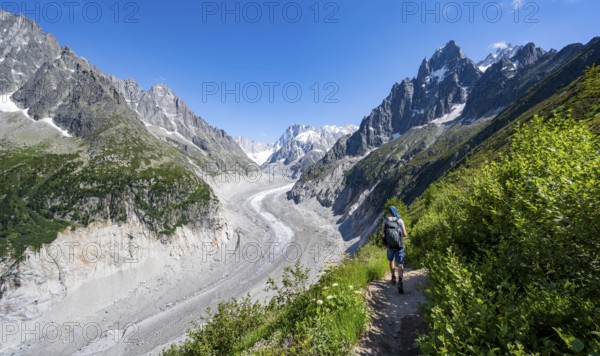 Picturesque mountain landscape with imposing mountain peaks and glaciers, mountaineer on hiking trail, Grand Balcon Nord, glacier tongue Mer de Glace, behind Grandes Jorasses, Mont Blanc massif, Montenvers, Chamonix, Haute-Savoie, France