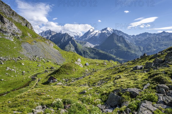 View from the Cabane du Louvie of the glaciated mountain peaks of the Grand Combine, Valais Alps, Val de Bagnes, Valais, Switzerland