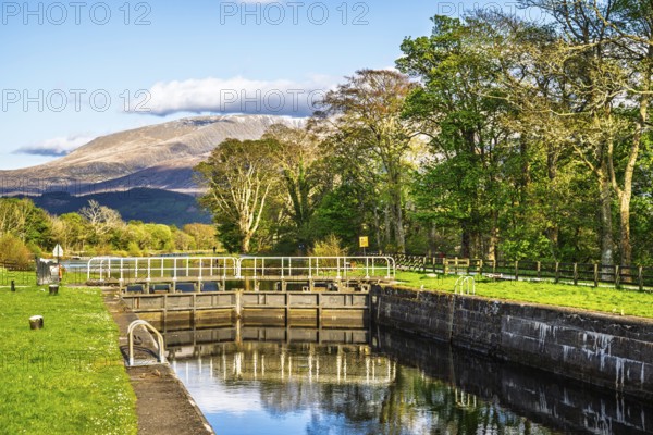 Caledonian Canal, Caol Beach and Nevis Range Mountains, Corpach, Fort William, Highland, Scotland, UK