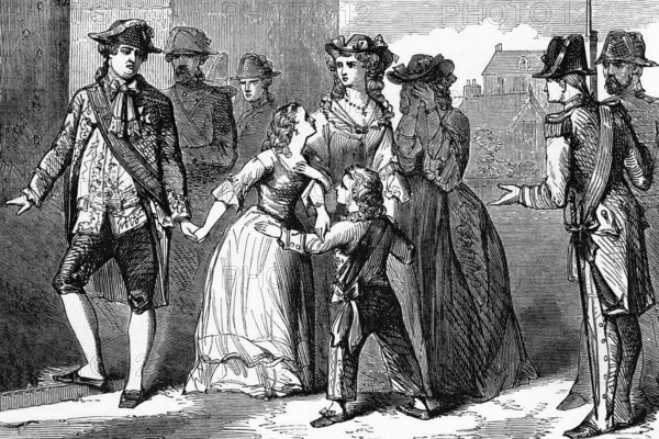 The French royal family in the temple in 1792. The temple was a medieval fortress in Paris and was located in today's III arrondissement in France, digital reproduction of a historical model