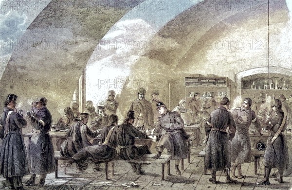 Austrian military tavern in the cellar of Gottorp Castle, coloured woodcut from 1864, soldiers in a canteen with vaulted ceiling, eating and talking