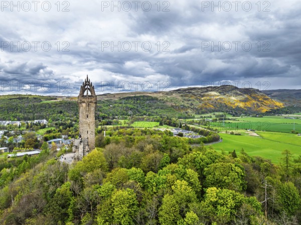 The National Wallace Monument or William Wallance Monument from a drone, Stirling, Scotland, England, United Kingdom