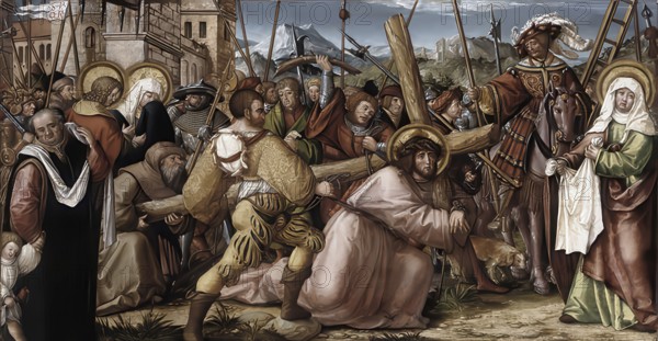 Biblical scene, Christ carrying the cross, painting by Hans Herbst, reproduction from a model from that time, historical, digitally enhanced
