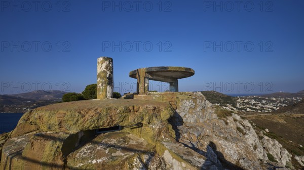 An abandoned concrete ruin on a rocky hill with a wide view over the landscape, Lost Place, Lago anti-aircraft battery, bunker, Apitiki Mountain, Leros, Dodecanese, Greek Islands, Greece