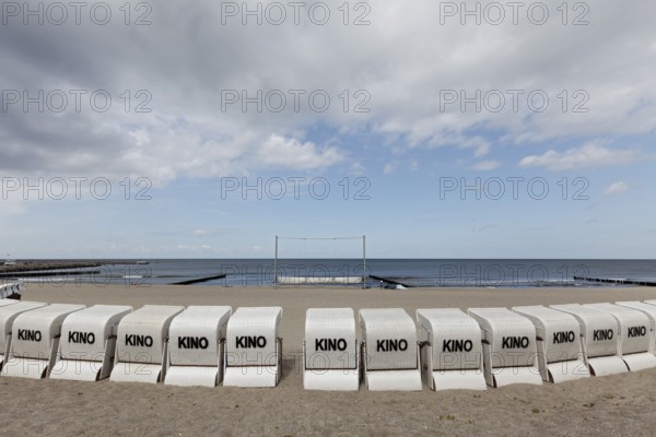 Kühlungsborn beach cinema, lined up beach chairs for cinema-goers, Baltic Sea, Mecklenburg-Western Pomerania, Germany