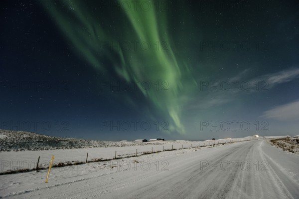 Northern Lights, Close to Vik, Ring Road, Mountains, Frost, Winter, Cold, Snow, Night, Iceland* Northern Lights, Close to Vik, Ring Road, Mountain Range, Cold, Snow, Night, Iceland
