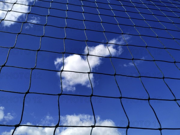 Looking up at a blue sky filled with clouds, framed by a black net. The sunlight highlights the delicate mesh against the vibrant sky during a clear day