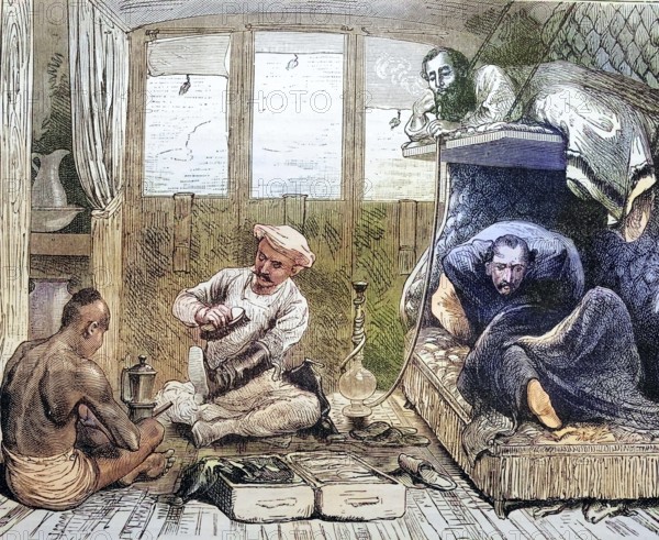 Water pipe, Train travellers in India, coloured wood engraving, Reproduction from a model from ca 1888, Historical, Historical scene in an inhabited interior with several people doing everyday activities