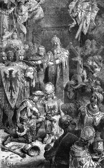 The court in Mainz, today Mainz, Germany of Frederick Barbarossa, a German Emperor of the Holy Roman Empire, who was elected King of Germany in Frankfurt and crowned in Aachen on 9 March 1152, digital reproduction of a historical original