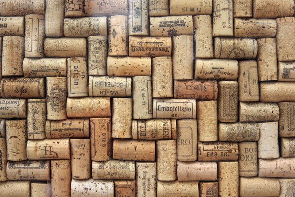 Corks from wine bottles laid as a regular pattern, wine corks, red wine