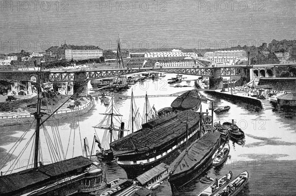 Military harbour or naval port of Brest on the Atlantic Ocean, warships, tall ships, cityscape, bridge over the river Penfeld, Brittany, France, historical illustration 1896