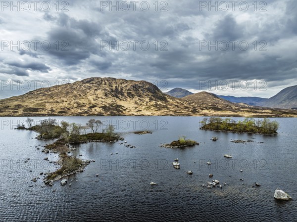 Rannoch Moor from a drone over Loch Ba and Loch of the Armpit, A82 Highland Way, Argyll and Bute, West Highlands, Scotland, United Kingdom