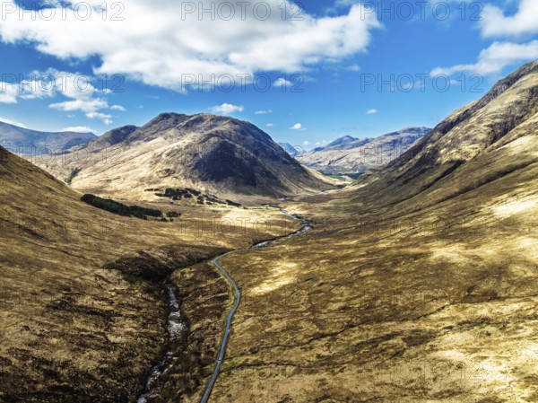 Mountains and Moors over Glen Etive Valley from a drone, Buachaille Etive Mòr, The Buachaille, Highlands, Scotland, United Kingdom