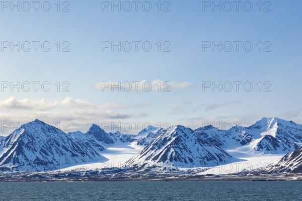 Mountain tops, snow, sea, Smeerenburg, Spitsbergen, Svalbard