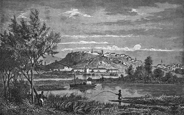Belgrade at the confluence of the Danube and Sava rivers, capital of Serbia, location on a hill, navigable river, river bank with reeds, sailing boat, angler, idyllic landscape, mining, historical illustration 1877