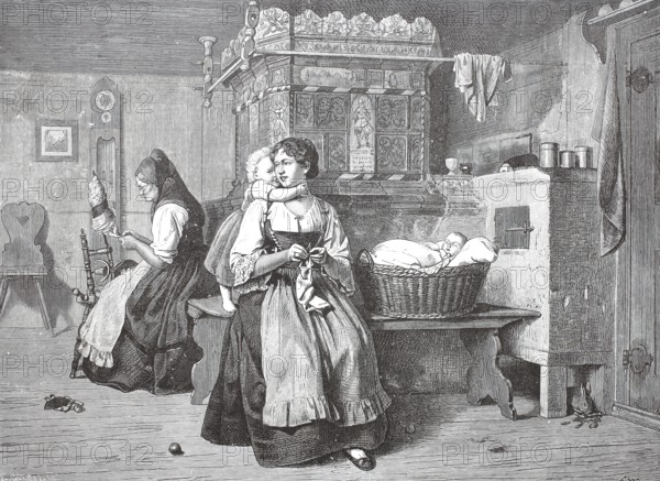 In the kitchen of a farmhouse in Flanders, the woman sit at the tiled stove and spin and sew, housework, baby lies in the basket, around 1880, Historical, digitally restored reproduction from a 19th century original, Record date not stated