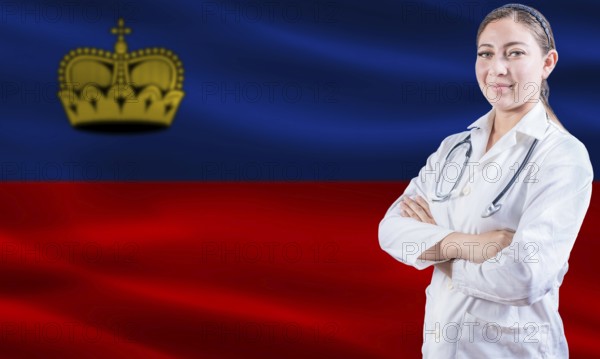 Female doctor on Liechtenstein flag. Doctor with crossed arms on Liechtenstein flag. Liechtenstein health and care concept