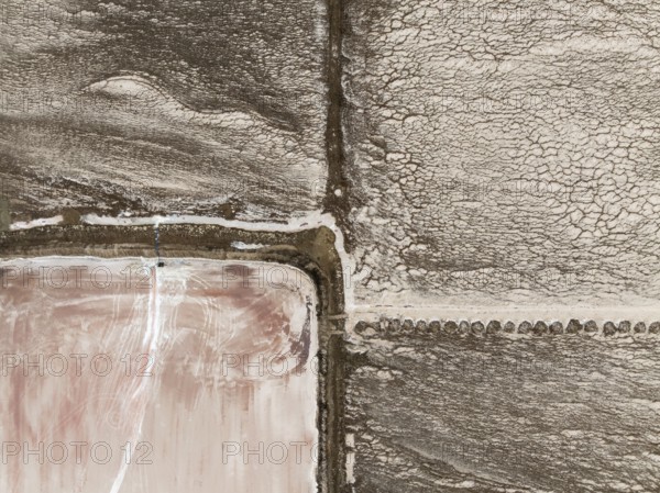 Saline ponds at the salt works of Walvis Bay. Aerial view. Drone shot. Namibia