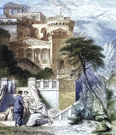 Life in ancient Rome, woman on the garden terraces, c. 400 AD, Italy, digital reproduction of a historical model