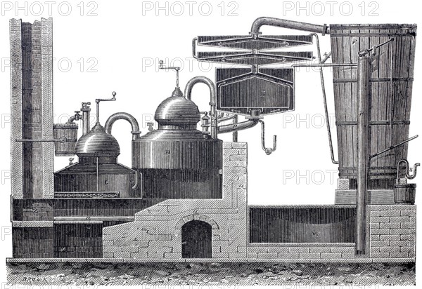 Alcohol production, distillation apparatus by Johann Heinrich Leberecht Pistorius, Pistorius distillation apparatus, revolutionised the production of spirits in Prussia and beyond, around 1850, digitally improved reproduction of a 19th century model, historical, exact date unknown