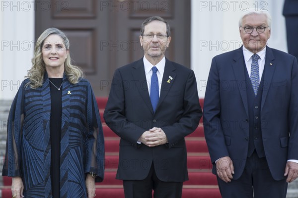 Michal Herzog (woman of the President of the State of Israel), Isaac Herzog (H.E. the President of the State of Israel) and Frank-Walter Steinmeier (President of the Federal Republic of Germany) arriving at the festive dinner to commemorate the 60th anniversary of the establishment of diplomatic relations between the Federal Republic of Germany and the State of Israel on 12 May 1965 at Bellevue Palace. The dinner, hosted by Federal President Frank-Walter Steinmeier and First Lady Elke Büdenbender, will also be attended by the President of the State of Israel Isaac Herzog and his woman Michal Herzog. Berlin, 12.05.2025