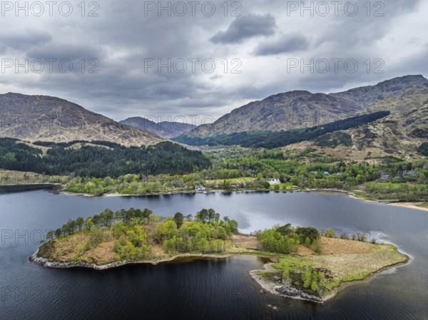 Loch Shiel from a drone, Glenfinnan, River Finnan, West Highland, Scotland, United Kingdom