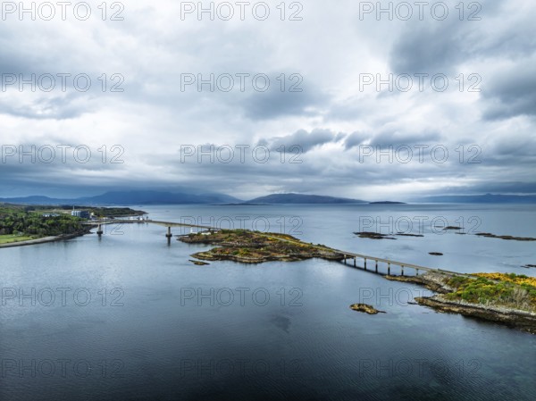 Skye Bridge over Loch Alsh from a drone, Kyle of Lochalsh, Isle of Skye, Scotland, England, United Kingdom