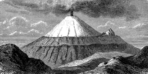 Smoking active volcano Cotopaxi in the national park of the same name, Andes Mountains, Saint Mountain, height 5897m, snow-covered summit, volcanism, geology, Ecuador, historical view, Seydlitz Geography 1885