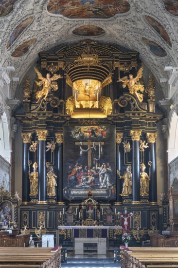 High altar with Lenten cloth, painted by Paul Honecke in 1626, baroque collegiate church, built 1651-1687, Klostergasse 7, Wilten, Innsbruck, Austria