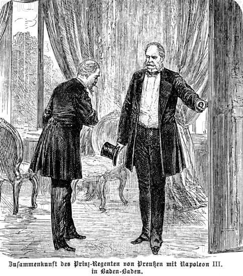 Meeting of the Prince Regent of Prussia with Napoleon III in Baden-Baden, Franco-Prussian War, Battle of Sedan 1870, Defeat of France, Napoleon in captivity, portrait, Prussia, historical illustration 1896