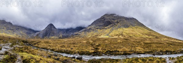 Panorama of Fairy Pools and Waterfalls, Glen Brittle, Black Cuillin, Isle of Skye, Scotland, UK