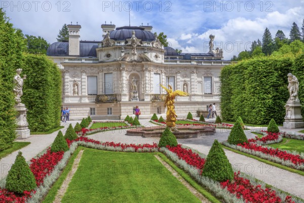 Baroque garden parterre with west side of Linderhof Palace, Ettal, Ammertal, Upper Bavaria, Bavaria, Germany, UNESCO World Heritage Site