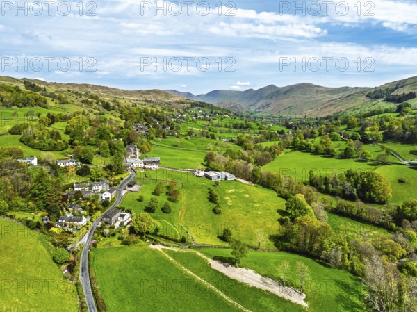 Farms and Fields from a drone, Townend house, Troutbeck, Windermere, Lake District, Cumbria, UK