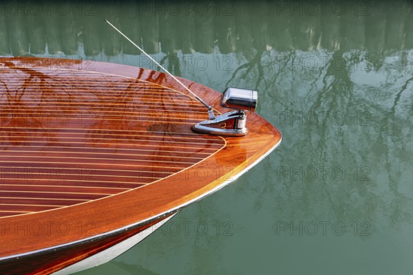 Radio antenna on motorboat, water taxi, taxi boat on waterway, canal, view from above, detail, Torcello Island, Venice Lagoon, Veneto, Italy