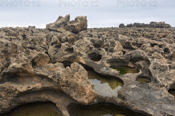 A rocky area with a hole in the ground. The hole is filled with water. The water is brown in colour. Rabat, Morocco