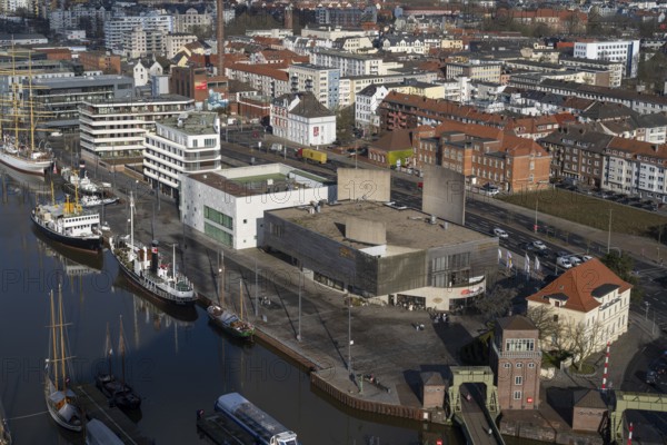 Traditional ships, Emigration Centre, New Harbour, Havenwelten, View from the observation deck of the Sail-City skyscraper, Bremerhaven, Bremen, Germany