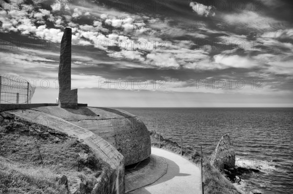 Pointe du Hoc, memorial on former German bunker, memorial for US Ranger, black and white, Cricqueville-en-Bessin, D-Day, Operation Overlord, Omaha Beach, Utah Beach, Normandy, Calvados, France