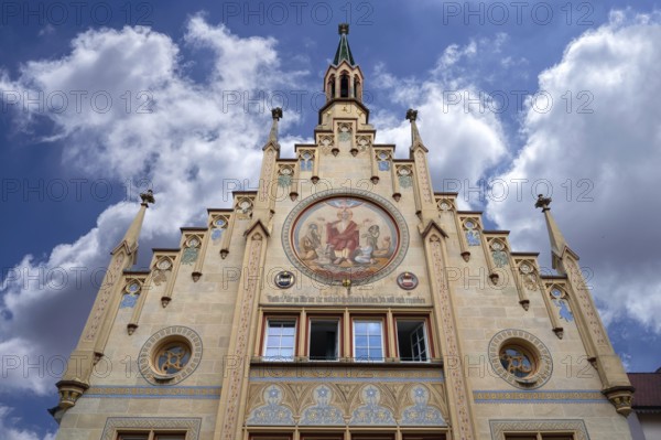 Gable of the historic Heilig Geist hospital, mentioned in the 13th century, neo-Gothic façade in 1856, Bad forest lake, Baden-Württemberg, Germany