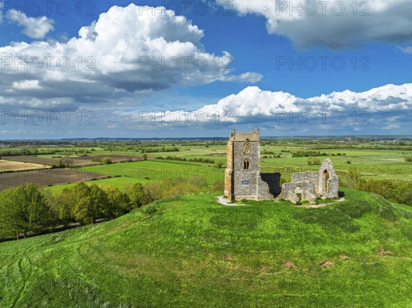 Burrow Mump from a drone, Southlake Moor, Burrowbridge, Taunton, Somerset, England, United Kingdom