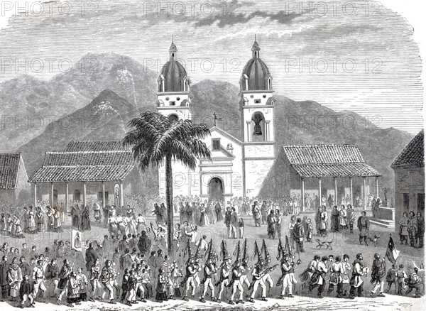 The Festival of the Sennora del Rosario at Andacollo, 1888, place of pilgrimage in the South American Andean state of Chile, Historical, digitally enhanced reproduction of a 19th century original