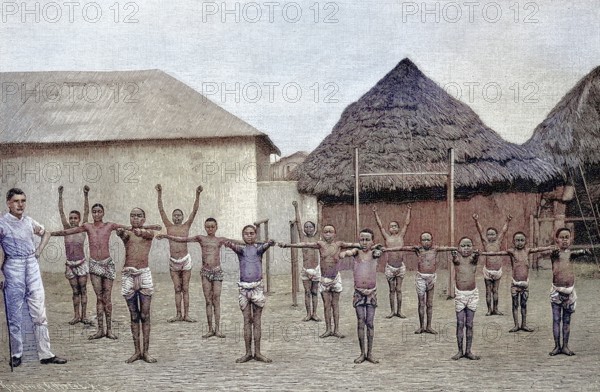 German gymnastics lessons for the natives of Togo, Africa, Togoland was a German protectorate in West Africa from 1884 to 1914, Illustration from 1894, Reproduction, digitally enhanced, Historical