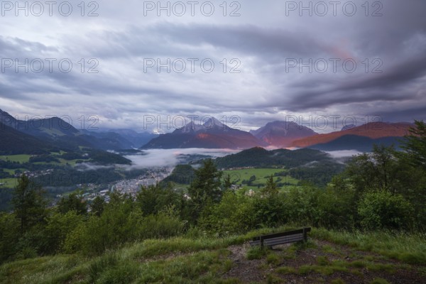 Marxenhöhe near Berchtesgaden with Watzmann view in the morning mist after the rain