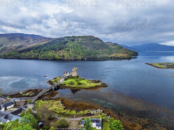 Eilean Donan Castle and Loch Duich from a drone, Isle of Skye, Highlands, Scotland, England, United Kingdom