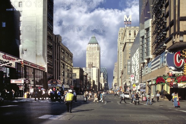 Street with the One Worldwide Plaza, residential complex in Manhattan New York City, USA