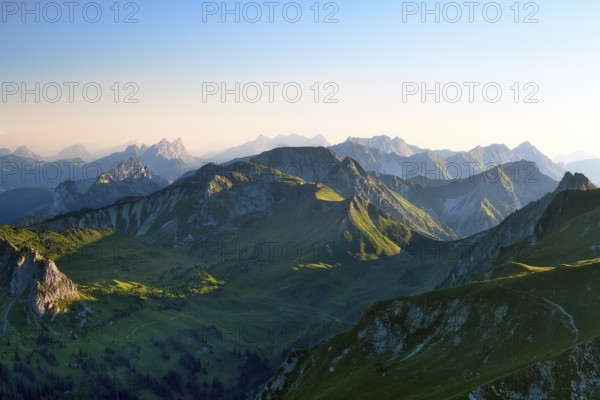 View from Mount Gantrisch, sunset over the Bernese and Fribourg Pre-Alps, Canton of Bern, Switzerland