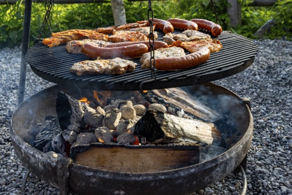 Meat and sausages on the grill over a fire bowl during a barbecue