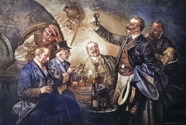 Wine tasting of the councillors in the Ratskeller, coloured wood engraving, reproduction of a model from ca 1888, historical, group of cheerful men toasting with wine in a wine cellar, convivial atmosphere