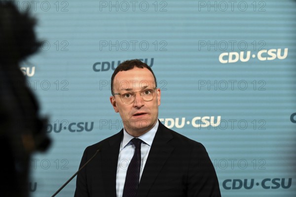 The Chairman of the CDU/CSU parliamentary group, Jens Spahn (CDU), and his deputy Alexander Hoffmann (CSU) at the weekly press statement in front of the parliamentary group meeting room in the Reichstag. This time it was about the expert opinion on the purchase of masks, among other things