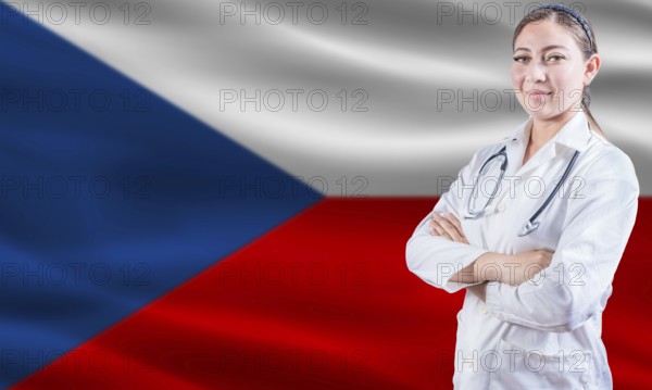 Female doctor on Czech Republic flag. Doctor with crossed arms on Czech Republic flag. Czech Republic health and care concept