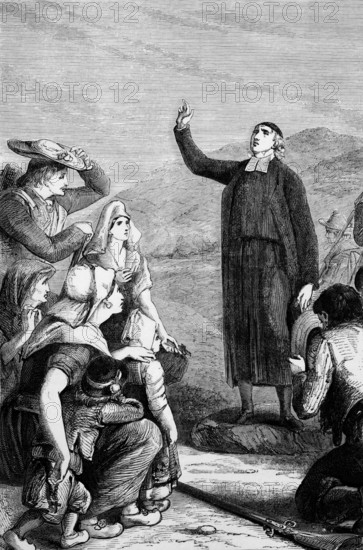 An expelled priest teaches in fields in the Gironde, part of the Aquitaine region in south-west France, after the de-Christianisation of France during the French Revolution in 1789, digital reproduction of a historical model